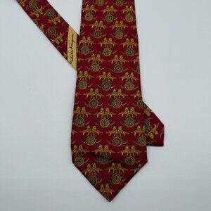 Salvatore Ferragamo Red w/ Golden Lion & Multicolor Geometric 100% Silk Tie